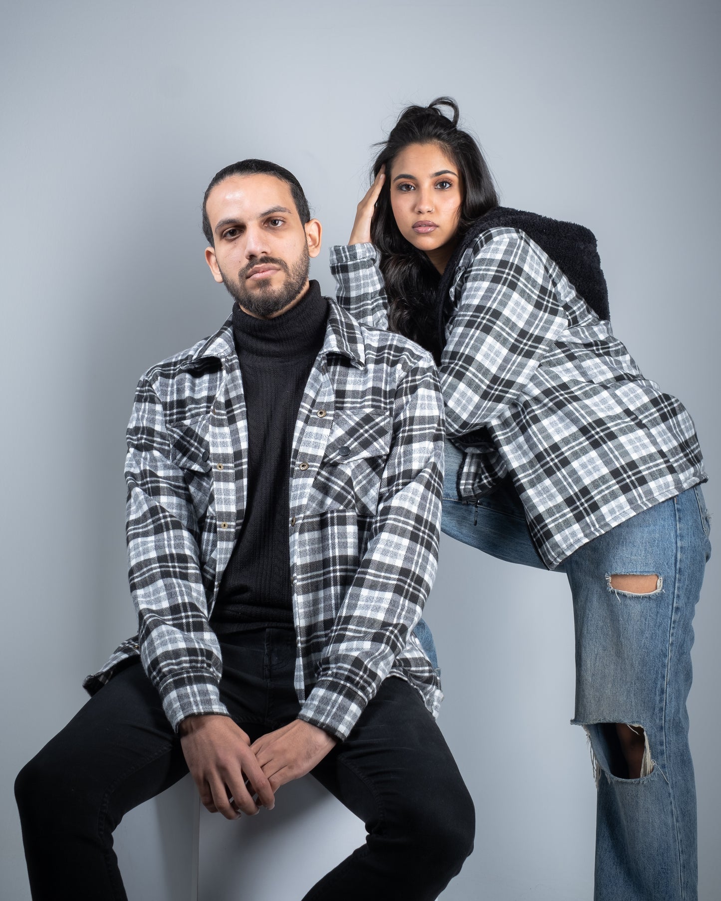 Double Face Faux Fur x Checkered Wool jacket