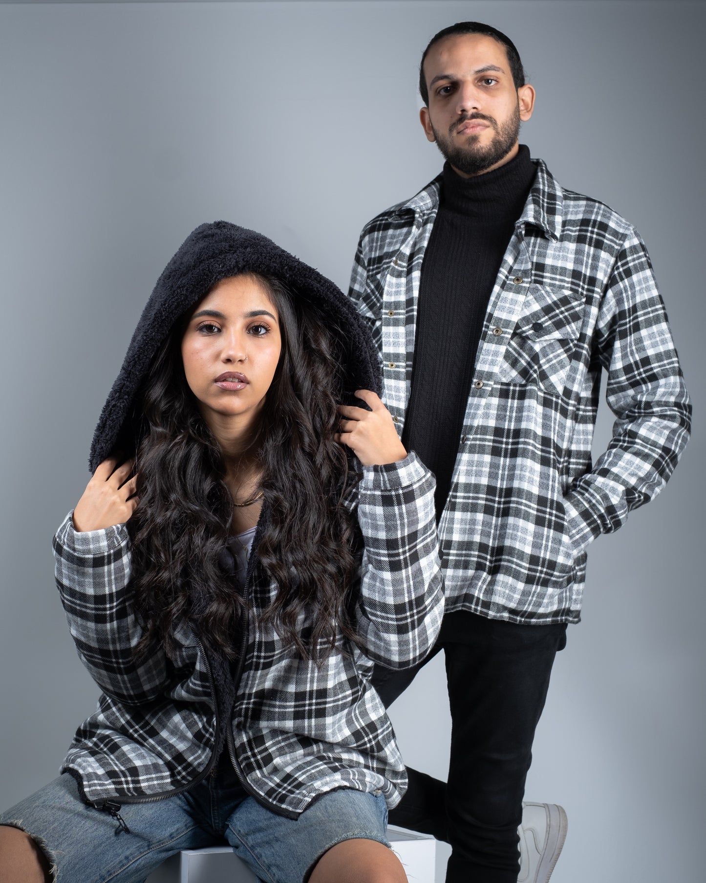 Double Face Faux Fur x Checkered Wool jacket